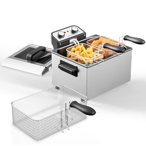 MaznNovo 1800W Deep Fryer with 3 Basket, 5.3QT/21Cup Electric Oil Fryer for Home Use with See-through Window Lid, Adjustable Temperature (Metal Silvery)