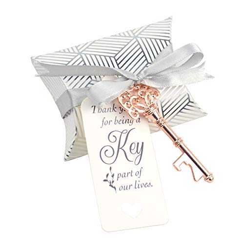 Aokbean 50pcs Wedding Favor Souvenir Gift Set Pillow Candy Box Vintage Skeleton Key Bottle Openers Escort Gift Card Thank You Tag French Ribbon (Rose Gold)