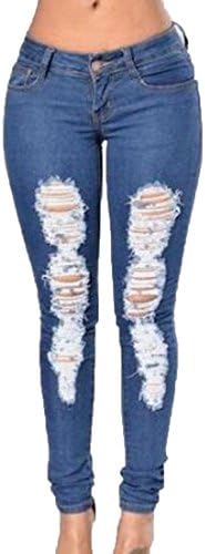 Aprilley Women's Broken Hole Classic Solid Waist Denim Pants Dark Blue S