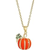 Dtja Rhinestone Pumpkin Pendant Necklace for Women Gold-Tone Fashion Enamel Halloween Thanksgiving Green Leaf Charms Link Chain Adjustable Cute Fall Holiday Festival Jewelry Gift Souvenir 18"