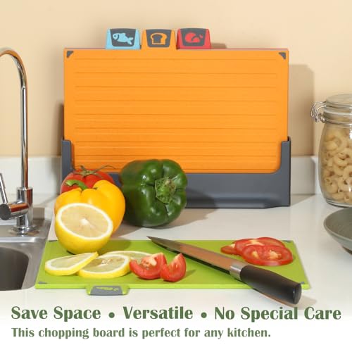 BEWOS 4 Colour Coded Chopping Boards Set, Wheat Straw Cutting Board, Reversible Chopping Board with Stand, Non-Slip Feet Chopping Boards for Kitchens, Juice Grooves & Dishwasher Safe