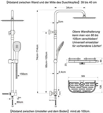 Regendusche Duschsystem ohne Armatur, Edelstahl Duschset mit Verstellbarer Duschstange, Kopfbrause 20 cm, XXL Duschablage Schwarz