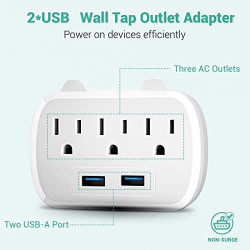 Outlet Extender with USB, 3 AC Outlets Wall Plug Adapter with 2 USB Wall Charger, Multi Plug Outlet Extender, Wall Mount Outlet Splitter for Home, Office, Hotel, Travel, Dorm Room-White (2 Packs)