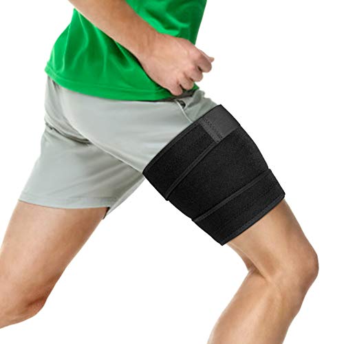 Thigh Support Brace, Hamstring Wrap Compression Sleeve with Anti-Slip Strip Support Thigh Quad Sprains, Tendonitis, Strains, Pulled Muscle Injury Rehab and Recovery, Fits Men and Women (Black) (Best Treatment For Pulled Quad Muscle)