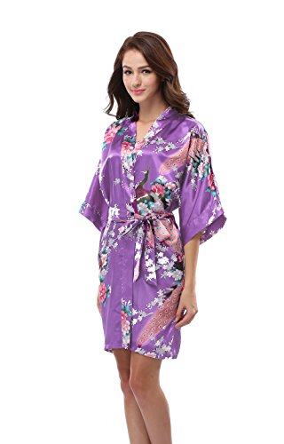 Luvrobes Women's Satin Kimono Robe, Peacock Design, Short (M, Violet)