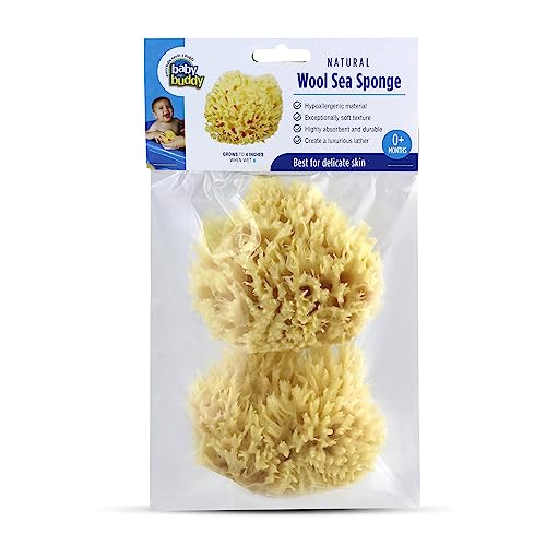 Baby Buddy Absorbent Natural Bath Sponge, Ultra Soft Premium Sea Wool Sponge, Soft on Baby’s Tender Skin, Bath Accessories Baby and Kids, Infant Bath, Biodegradable, Hypoallergenic, 2pk, 4in