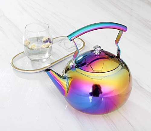 Rainbow Tea Kettle with Infuser for Loose Leaf,Stainless Steel Teapot 2 Liter Coffee Tea Pot Strainer, Colorful Teakettle for Stovetop Induction Stove Top Boiling Water 2 Quart / 68 Ounce by ROYDOM - Thumbnail 2