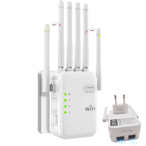 Repetidor WiFi Mejorado AC1200M (5+2,4 GHz) de Doble Banda, 6 Antenas y 2 Puertos Gigabit; Compatible con los Modos Ap y repetidor; Compatible con WPS; Enchufe de la UE; para el hogar y la Oficina