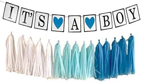Cute Baby Shower Decorations set by Samika, Baby Shower Banner Its a Boy, and Blue pattern paper ribbon decor set (Its a Boy)