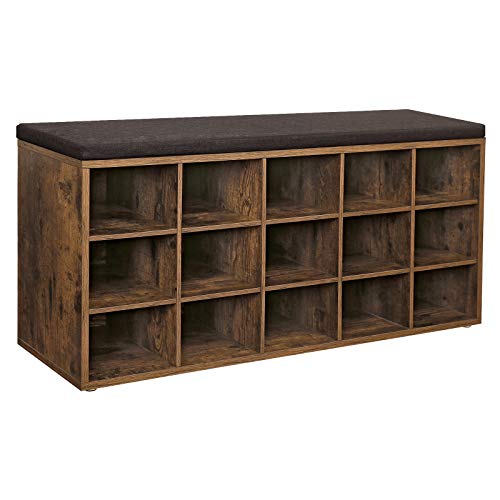 VASAGLE Banco Sapateira com Almofada, 15 Compartimentos, 105 x 30,3 x 48 cm, 1 Peça, para Hall de Entrada, Castanho Rústico e Nogueira, Custos BRLHS15BX