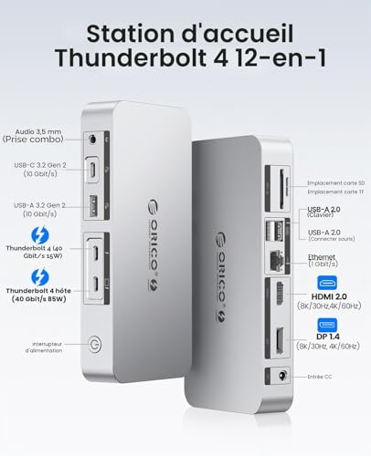 ORICO TB4 Thunderbolt 4 Dock for M4 MacBook Air & Pro, 12 in 1 Docking Station, 40 GB/s, Charging PD 85W+15W, Dual 4K/Single 8K, 4xUSB, LAN, SD/TF, AUX, Thunderbolt Certified