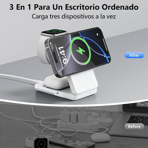 UZNOONL 3 en 1 Cargador Inalámbrico para iPhone - Plegable Portátil Cargador, 15W Adaptador de Corriente+1m Cable para iPhone 17 16 15 14 13 12 Serie, Apple Watch, AirPods (Blanco)