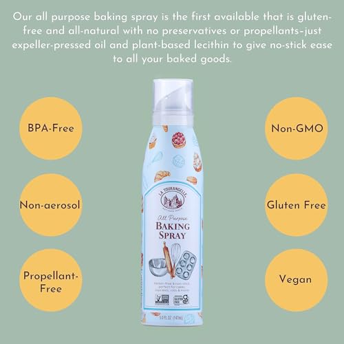 LA TOURANGELLE, ALL PURPOSE BAKING SPRAY, GLUTEN-FREE, NON-STICK, CHEMICAL FREE AND PROPELLANT FREE, EXPELLER-PRESSED COOKING SPRAY OIL, 5 FL OZ