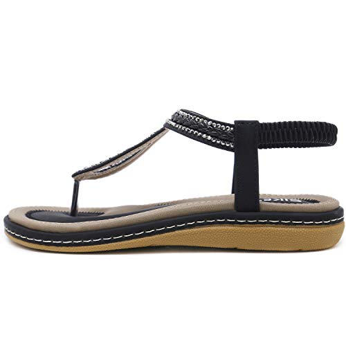 DolphinBanana Women's Bohemian Simple T-Strap Summer Flat Thong Sandals, Black Flip Flops Glitter Shiny Rhinestone Herringbone Woven Tape Shoes for Dressy Casual Jeans Daily Wear and Beach Vacation