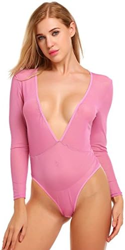 Dongba Women Sexy Lingerie Deep-V Hollow Nightwear See-Through Long Sleeve Teddies Bodysuit
