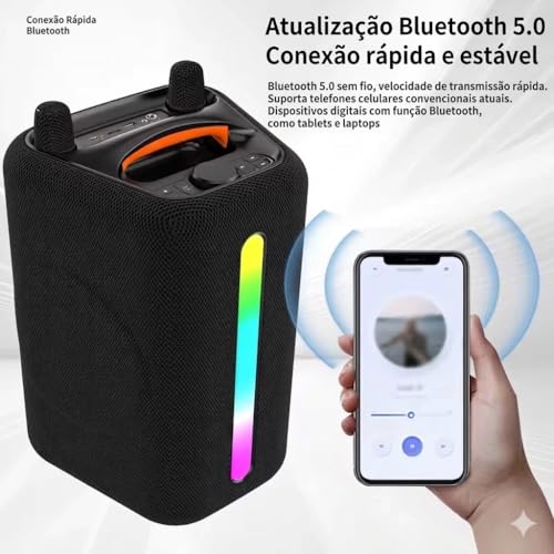 Caixa de Som Portátil 100W RMS Graves Potentes RGB Bluetooth 5.3, USB e AUX, Bateria Longa Duração com 2 Microfones sem Fio para Festas, Viagens, Karaoke e Uso Externo