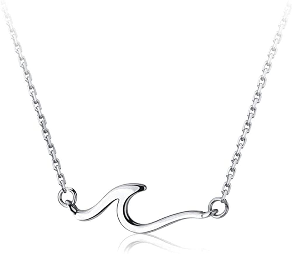 IMINI Ocean Wave Necklace for Women Teen Girls 925 Sterling Silver 18K White Gold Plated Minimalist Line Pendant Choker Necklace Adjustable Chain 18" Sea Beach Summer Jewelry Gifts for Surfer Lover