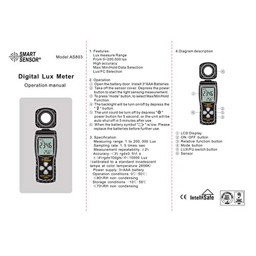 SMART SENSOR AS803 Digital Lux Meter Luminance Tester Light Meter 1-200000 Lux Tools Photometer Spectrometer Actinometer