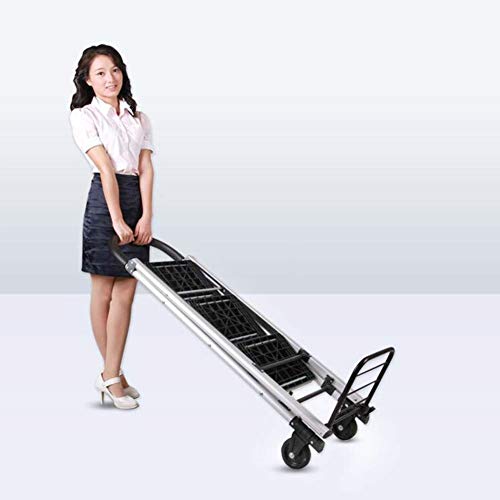 ZXMTC Portable Shopping Trolleys Step Ladder Hand Truck Convertible Aluminum 2 in 1 Folding Hand Truck Dolly with Two Wheels 3-Steps Store (Color : Black, Size : 3676120 cm)
