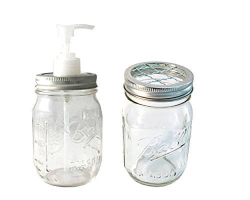 2 Piece Bathroom Accessory Set- Mason Jar Soap Dispenser and Toothbrush Holder- Bundle of 2 (Clear)