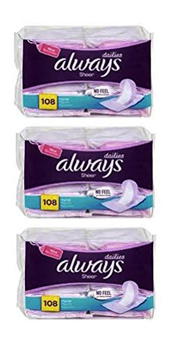 Always Dailies Sheer No Feel, Regular 108 Count, Pack of 3.