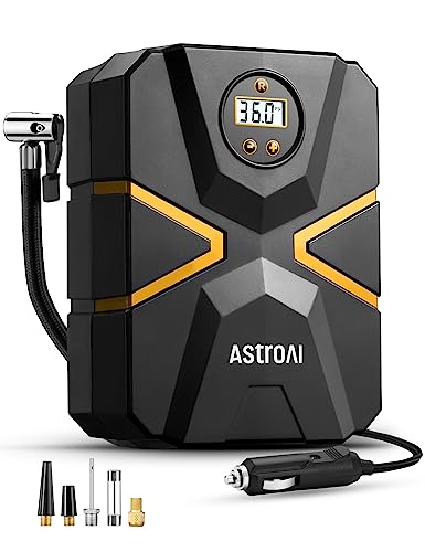 AstroAI Compresor para neumáticos de coche, bomba de aire de 10,3 bar, 12 V CC, con pantalla LCD en tiempo real, presión de los neumáticos preestablecida, desconexión automática, compresor de aire