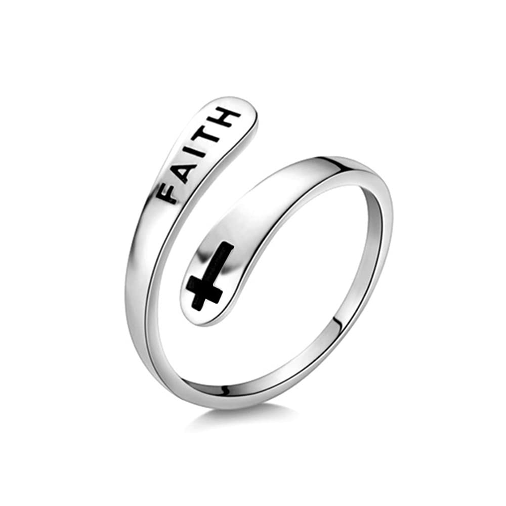 Sterling Silver Cross Faith Wrap Ring, Adjustable Size L 1/2 to S, Christian Religious Stacking Open Band for Women Men