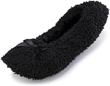 Women Fuzzy Ballerina in House Slippers w/Soft Cotton Terry Lining | Most Comfortable Home Footwear (Black) L