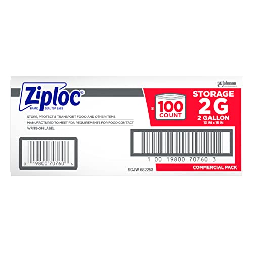 SC JOHNSON PROFESSIONAL ZIPLOC STORAGE BAGS, FOR FOOD ORGANIZATION AND STORAGE, DOUBLE ZIPPER, 2 GALLON, 100 COUNT