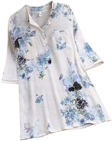 Giulogre Women Vintage Antiquity Floral Printing Patch Pocket 3/4 Length Half Sleeve Top Linen Cotton T-Shirt Blouse Plus Size(M-5XL)