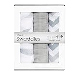 Bamboo Muslin Swaddle Blankets - 3 Pack - Gray Feather Chevron - Softest Muslin Swaddles by Cozy Babe