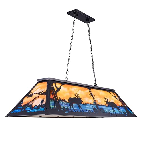 Photo 1 of Wellmet Tiffany Pool Table Light 59 inch, 5 Lights Rustic Deer Chandelier for Kitchen Island, Cabin, Billiards Table Lamp, Farmhouse Chandelier for Country, Wild West Style