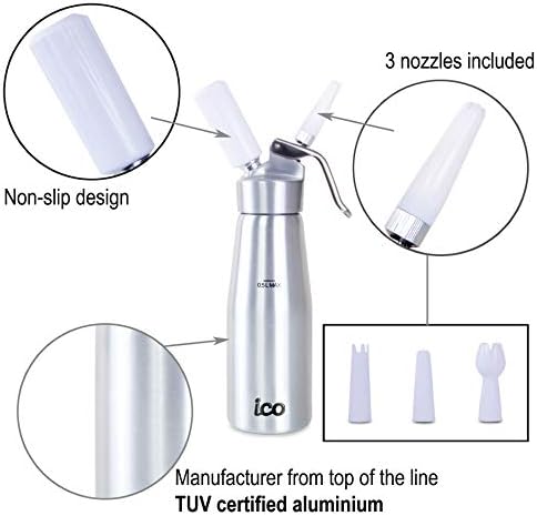 ICO Siphon à Chantilly Professionnel 500ml en Aluminium pour Mousses et Crèmes (Chaud et Froid)