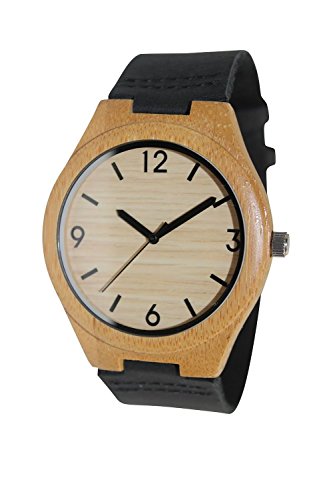 Woody Watch Natural Bamboo Wooden Wristwatch Black Genuine Leather Strap Japanese Quartz