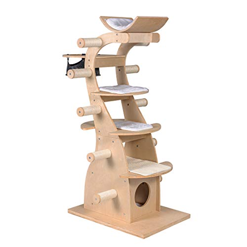 Good Life 63" Modern Design Cat Tree House with Scratching Post Tower - Deluxe Solid Wood Indoor Furniture - 6 Floors Kitty Condo Climbing Play Center with Hammock Perch Cave and Ten Sisal Columns