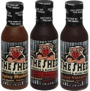 The Shed Barbeque &amp; Blues Joint BBQ Sauce 13.5oz-15oz Bottle (Pack of 3) - Choose Flavor Below (Sampler Pack - 1 each of Southern Spicy Sweet Shed Spred *Spicy Mustard * Spicy Vinegar)