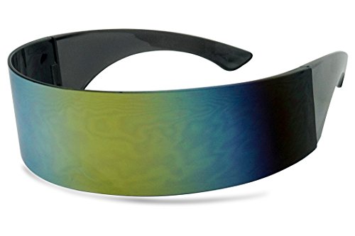 Black Retro Futuristic Single Shield Color Oversized Wrap Cyclops/Visor Sunglasses (Smoke, Yellow Mirror) - Thumbnail 3