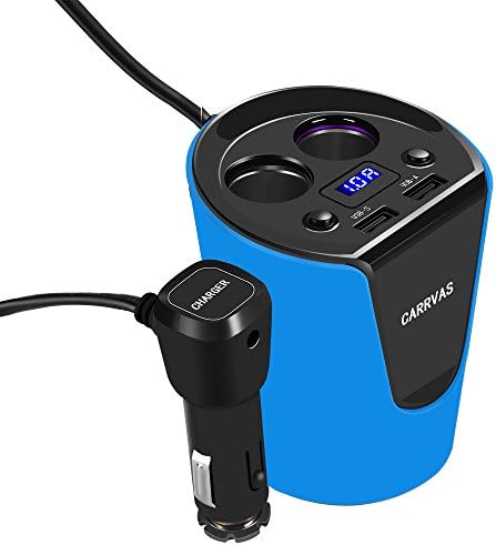 Car Cup Charger, USB Car Charger W/ Multi Function, Dual USB Port 3.1 Car Power Adapter W/ 2-Socket Cigarette Lighter Splitter for Apple iPhone iPad, Android Samsung, Tomtom, Dashcam, Satnav - Blue