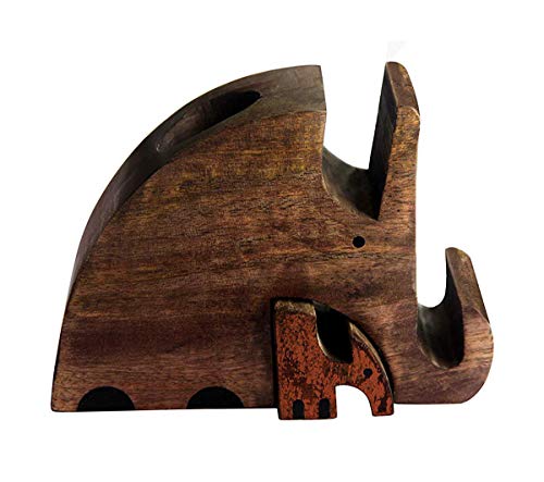 storeindya Elephant Pen Holder Wooden Pen Pencil Stand Phone Holder – Spectacle Holder Wooden Specs Stand – Desk Stationery Organizer Eyeglass Holder Office Desk for Mother's Day