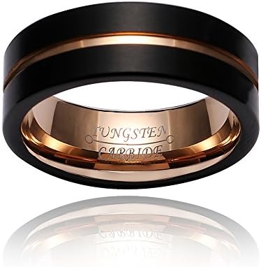 Hosty Bten Men 8mm Black Matte Finish Rose Gold Plated Groove Tungsten Wedding Band Ring (8)