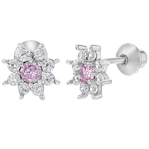 925 Sterling Silver Pink Clear CZ Flower Screw Back Earrings for Girls Toddlers