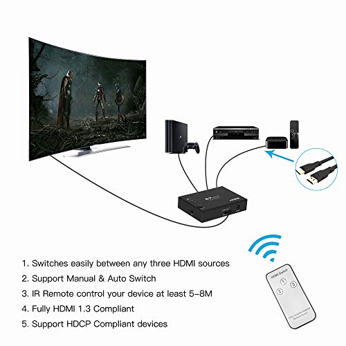 image for Portta 3 Port 3x1 HDMI Mini Switch/Switcher Splitter Selector Support 