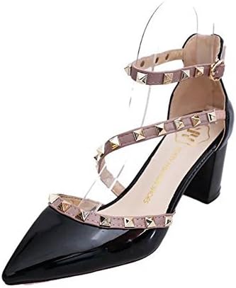 Unang Women Stilettos Rivet Slingback Studs Straps Stilettos Pumps Pointed Toe Sandals (US6, Black)