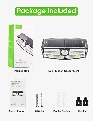 LITOM Premium 40 LED Solar Lights Outdoor, 3 Optional Modes Wireless Motion Sensor Light with 270° Wide Angle, IP67 Waterproof, Easy-to-Install Security Light for Front Door, Yard, Garage, Deck-4 Pack