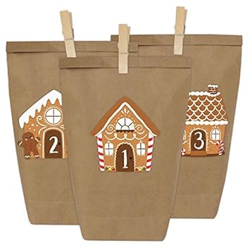 Papierdrachen DIY Adventskalender Kraftpapier Set - Knusperhäuser zum Aufkleben - mit 24 braunen Papiertüten zum selbst Befül