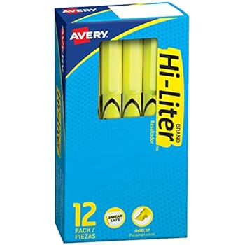 Avery Hi-Liter, Smear Safe Ink, Chisel Tip, 12 Pen Style Fluorescent Yellow School Highlighters (23591)