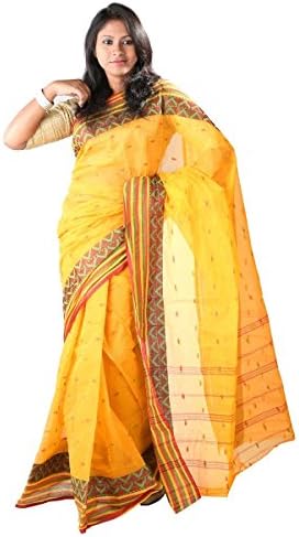 Hawai Women's Trendy Bengali Cotton Tant Saree Free Size Yellow