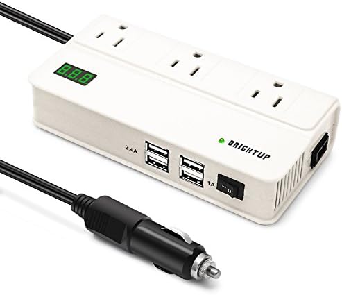 BrightUp 200W Car Inverter DC 12V to AC 110V Power Converter with 4USB Charging Ports and 3 Universal AC Outlets with Digital Display and Cigarette Lighter Adapter Charge Devices Like Phone Laptop ect