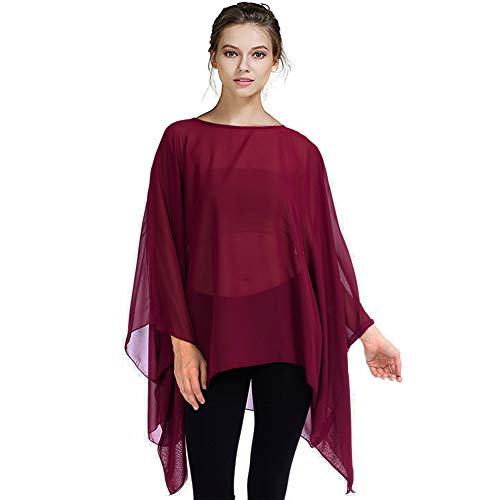 Max Hsuan Womens Summer Solid Sheer Batwing Blouse Chiffon Caftan Poncho Tunic Top Plus Size Cover up Burgundy