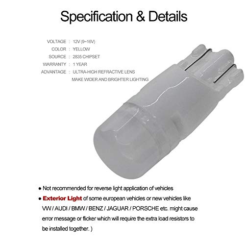 DODOFUN T10 Ceramics Interior Exterior Bright LED Light 168 175 194 2825 W5W Size Bulb Yellow Amber Color (Pack of 10)